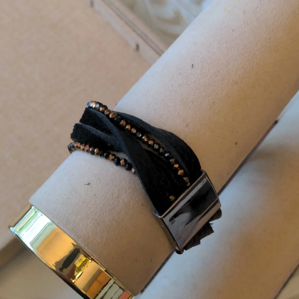 Chan Luu Style Black Leather Bracelet With Crystals